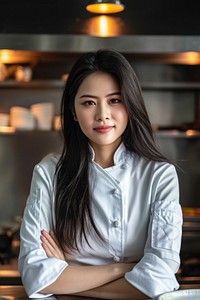 Thai female chef restaurant portrait smile.