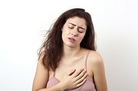 Woman suffering chest tightness adult pain white background.
