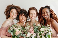 A group of 4 diverse bridesmaid wedding flower adult.