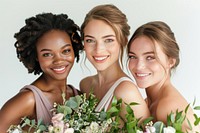A group of 3 diverse bridesmaid portrait wedding flower.