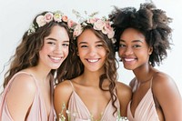 A group of 3 diverse bridesmaid wedding adult smile.