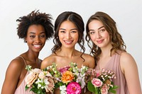 A group of 3 diverse bridesmaid wedding flower adult.
