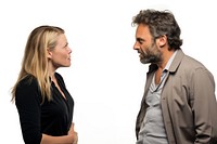 Man and woman in a conversation adult white background contemplation.