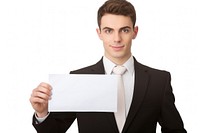 Man holding a piece of paper presenting infromt of a business meeting adult white background accessories.