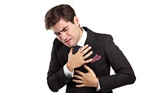 Man suffering chest pain white background portrait standing.