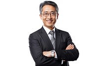 Good-looking middle-aged asian businessman with arms crossed portrait adult smile.