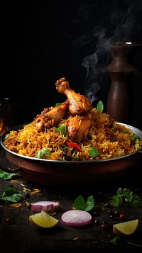 Indian chicken biryani food plate meat.