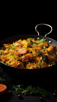 Indian chicken biryani food paella black background.