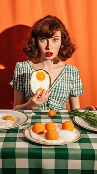 Woman cooking fried eggs plate food tablecloth.