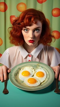 Woman cooking fried eggs food breakfast plate.
