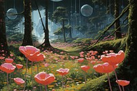 Flower field outdoors woodland painting.
