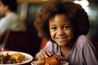 African American girl food restaurant cheerful.