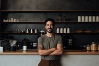 Coffee shop owner standing cup entrepreneur.