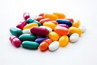 Different colorful medicines pill white background antioxidant.