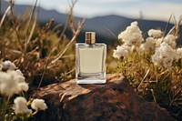 Perfume bottle whit label  landscape cosmetics tranquility.