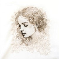The girl in embroidery style portrait drawing sketch.