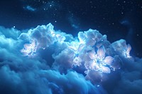 3D illustration of a nebula with a cluster of bioluminescent flowers darkness outdoors glowing.