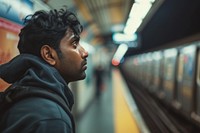 Indian man backpacker train photography portrait.