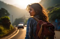 Indian women backpacker photography sunlight mountain.