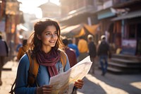 Indian women backpacker sunlight reading holding.