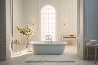 A bathroom with a mat on the floor bathtub flower plant. AI generated Image by rawpixel.