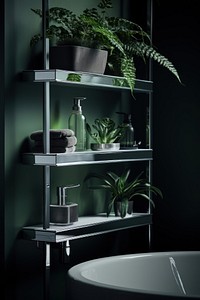 A bathroom includes a shelf with a plant green architecture houseplant. AI generated Image by rawpixel.