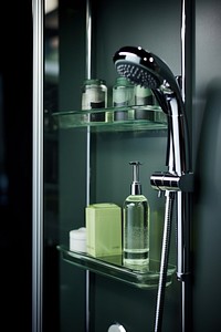 A handshower and shampoo bottle put on shelf in bathroom furniture hygiene indoors. AI generated Image by rawpixel.