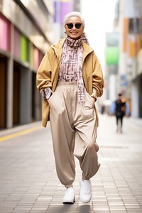 A joyful Middle east senior woman in streetwear overcoat standing walking.