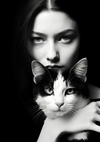 A half woman face on the left beside half cat face on the right photography portrait animal.