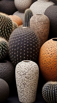 Cactus pots pottery art arrangement.