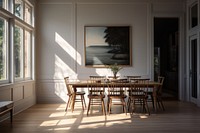 Minimalistic dining room architecture furniture flooring.