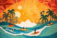 Collage Retro dreamy of hawaiian surfers riding the waves outdoors surfing nature.