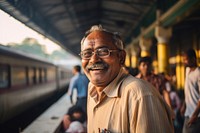 Elderly South Asian man train portrait glasses.