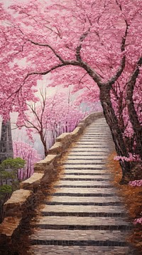 Illustration of a cherry blossom path to mountain outdoors walkway nature.