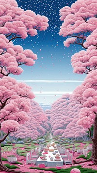 Illustration of a cherry blossom picnic landscape outdoors painting.