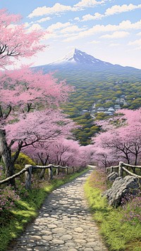 Illustration of a cherry blossom path to mountain landscape outdoors nature.