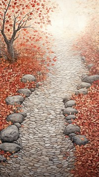 Illustration of a autumn leaves with stone path landscape outdoors painting.