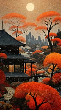 Illustration of a autumn leaves in japan painting landscape outdoors.