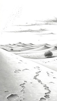 Illustration of a desert with camelse landscape drawing sketch.