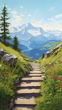 Illustration of a famous view point in switzerland landscape wilderness mountain.