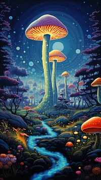 Illustration of a magic psychedelic mushroom garden outdoors painting nature.