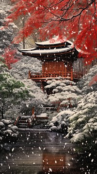 Illustration of a snowing in japan outdoors autumn nature.