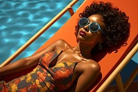 Black women sunglasses sunbathing swimwear.