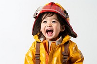 Little Mongolia girl fireman Costume costume helmet happy.
