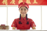 Little China girl cashier player Costume happiness tradition cheerful.