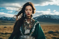 Mongolian woman nature accessories landscape.
