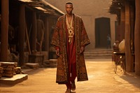 An african man model on fashion runway standing architecture tradition.