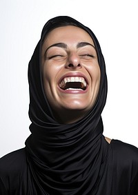 A big smiling iranian woman laughing sweatshirt happiness.