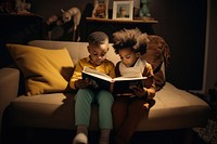 Two black kids read book in living room publication furniture reading.