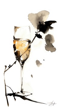 Ink painting minimal of champagne cocktail glass drink.